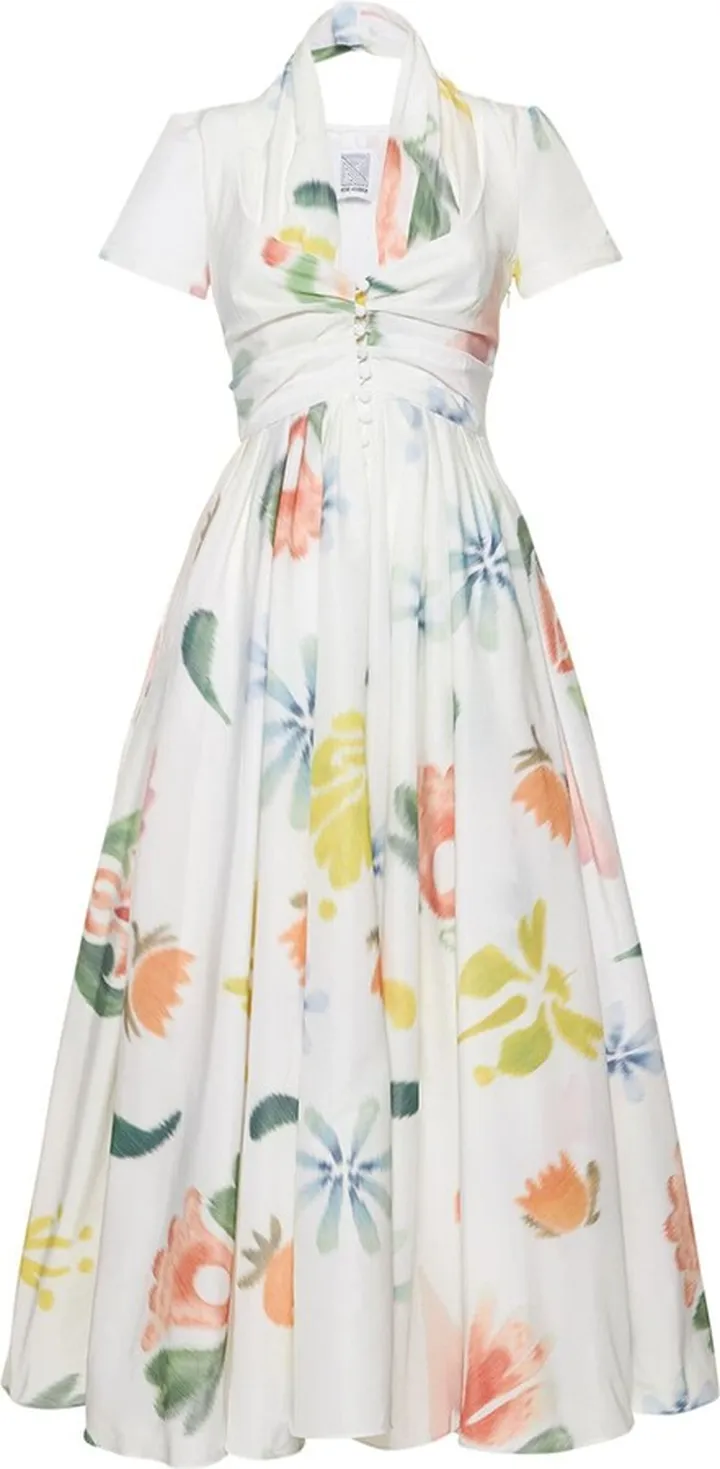 Printed taffeta halter neck midi dress