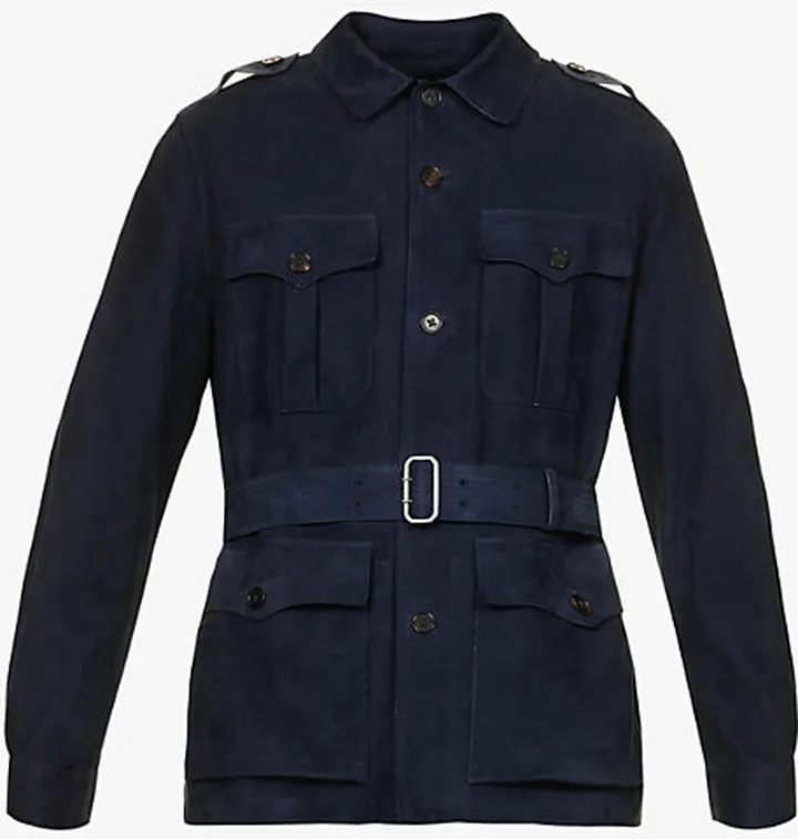 Mens Midnight Belted Spread-collar Regular-fit Suede Jacket