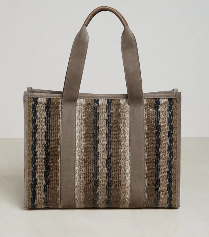 Brunello Cucinelli Suede Sequin Stripe Tote Bag