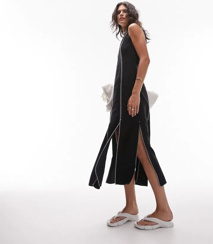 Topshop contrast stitch sleeveless midi dress with splits in black
