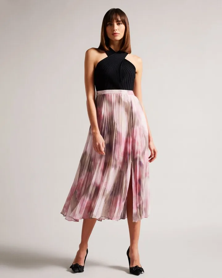 Midi Dress With Floral Pleated Skirt in Coral