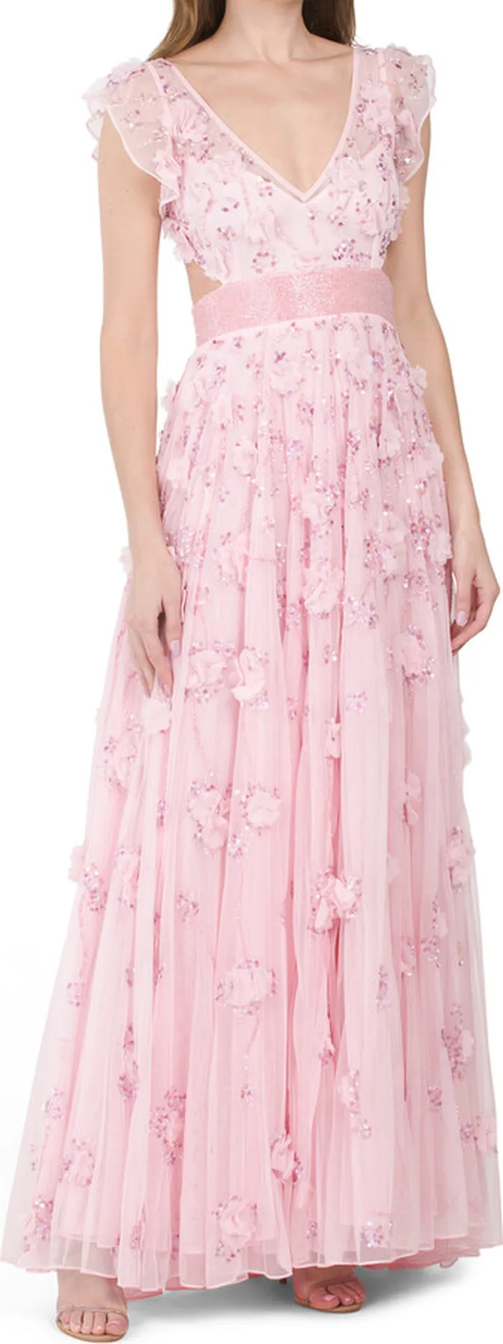 V-neck Beaded Gown With Cut Outs