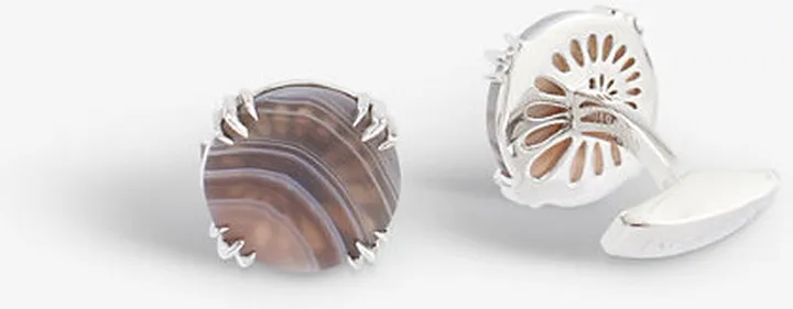 Mens Silver Botswana Rhodium-plated Silver and Agate Cufflinks