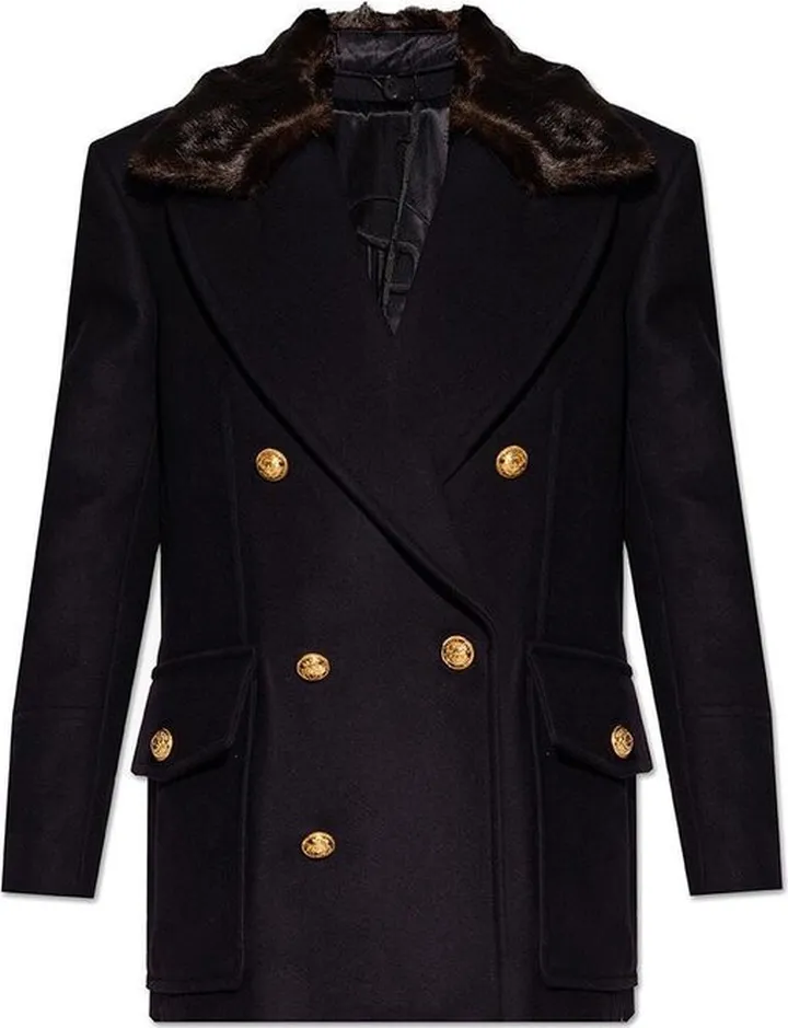 Balmain Double-Breasted Faux-Fur Trim Coat