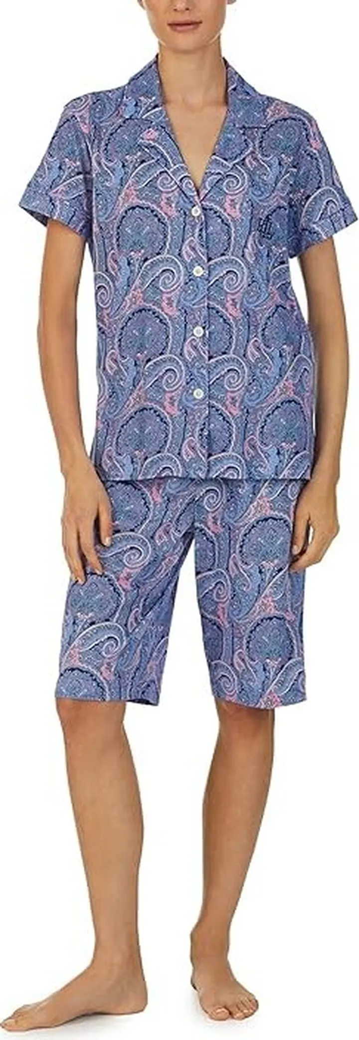 LAUREN Ralph Lauren Short Sleeve Knit Bermuda PJ Set (Blue Paisley) Women's Pajama Sets