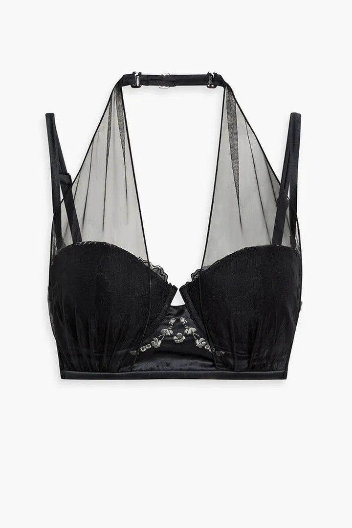 Tulle-paneled embroidered satin and lace balconette bra