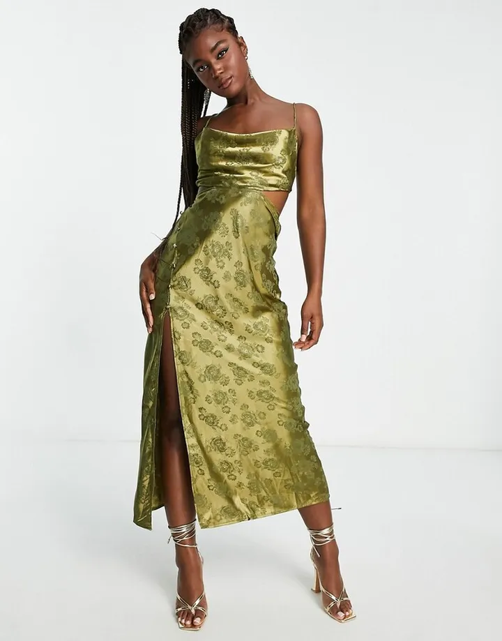 Love Triangle floral jacquard satin maxi dress in khaki