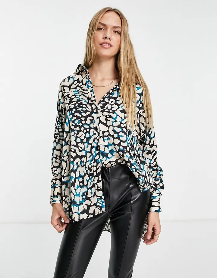 Topshop oversized satin animal shirt in green