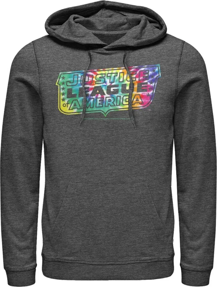 Men's Justice League Tie Dye Emblem Pull Over Hoodie - Charcoal Heather - Small