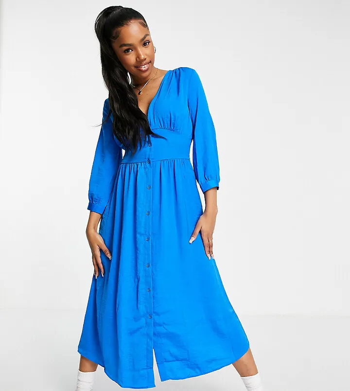 Stradivarius long sleeve satin midi dress in blue