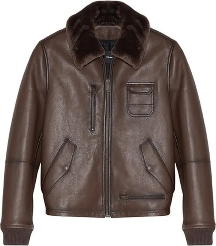 Leather aviator jacket with shearling collar
