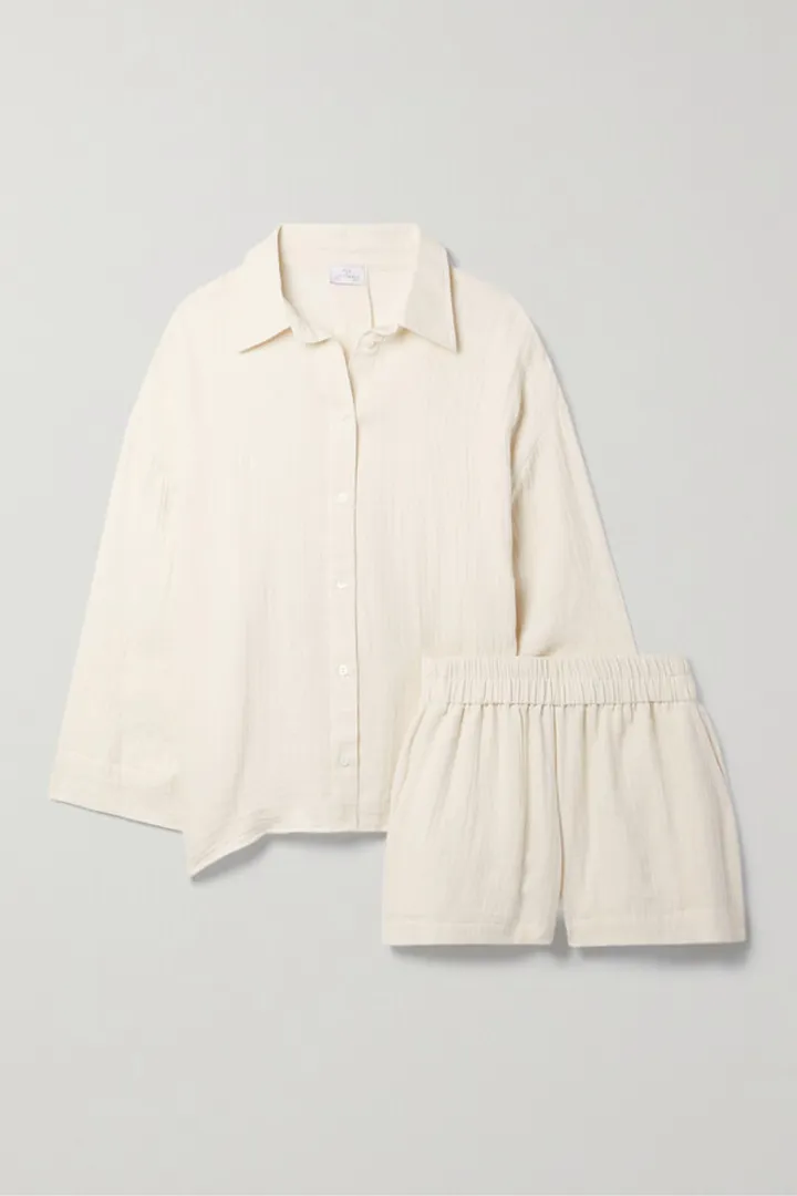 Pour Les Femmes - Angel Crinkled Cotton-gauze Pajama Set - Cream