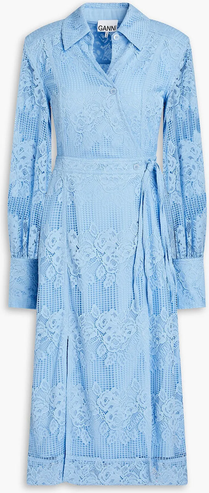 Corded lace and crochet midi wrap dress