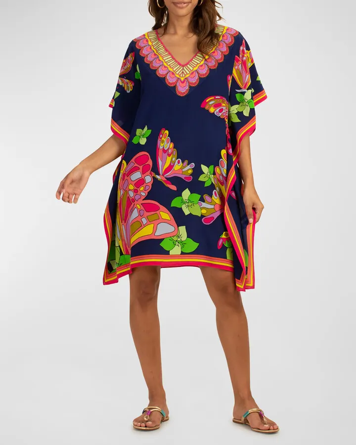 Theodora Butterfly-Print Kimono-Sleeve Dress