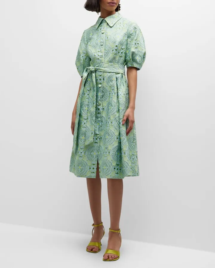 Belted Puff-Sleeve Metallic Jacquard Midi Dress