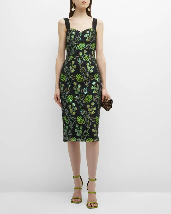 Nicole Floral Sequin Sweetheart Midi Dress