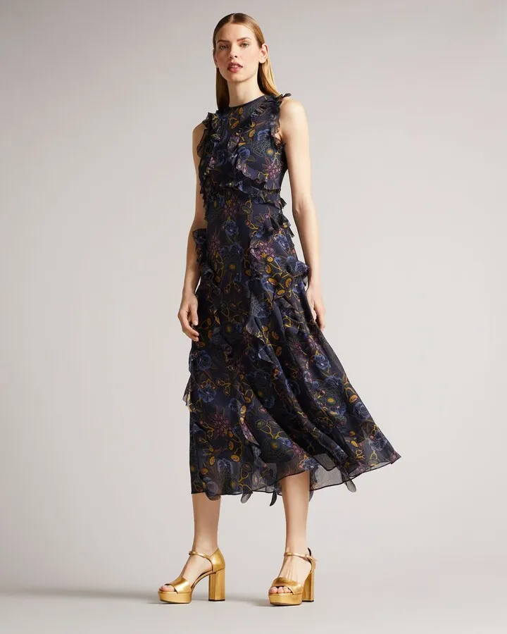 Sleeveless Waterfall Midi Dress in Navy