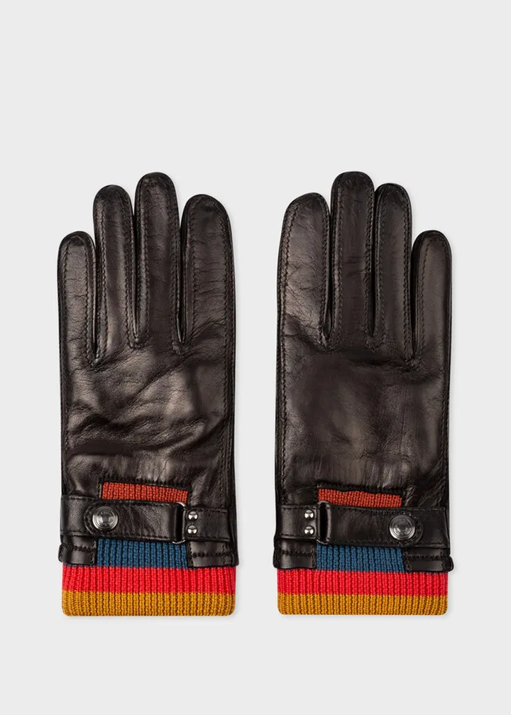 Black Leather 'Artist Stripe' Cuff Gloves