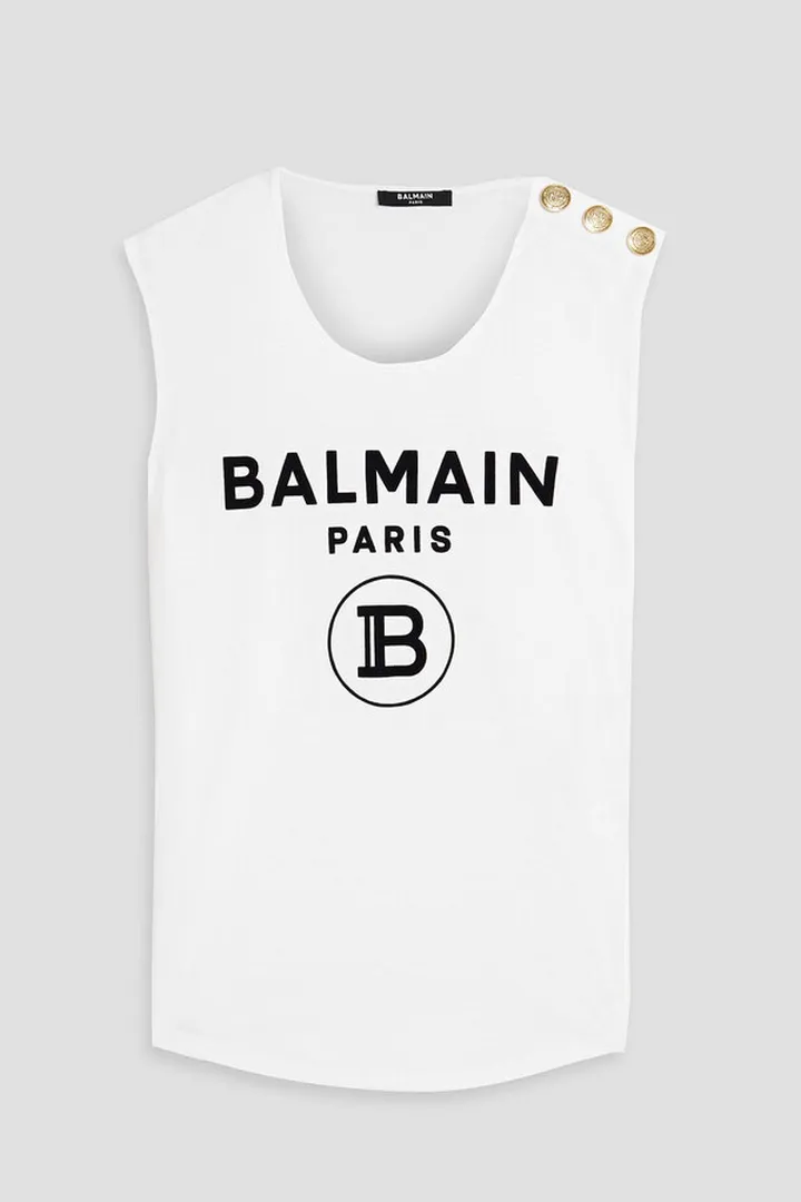 Button-embellished flocked cotton-jersey tank