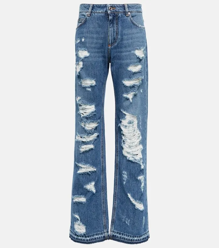 Distressed mid-rise wide-leg jeans