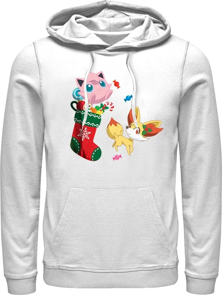 Men's Pokemon Christmas Jigglypuff and Fennekin Stocking Pull Over Hoodie - White - X Large