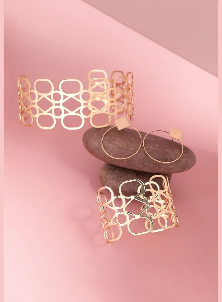 Gold Plated Designer Party Necklace, Earrings and Bracelet Set For Women