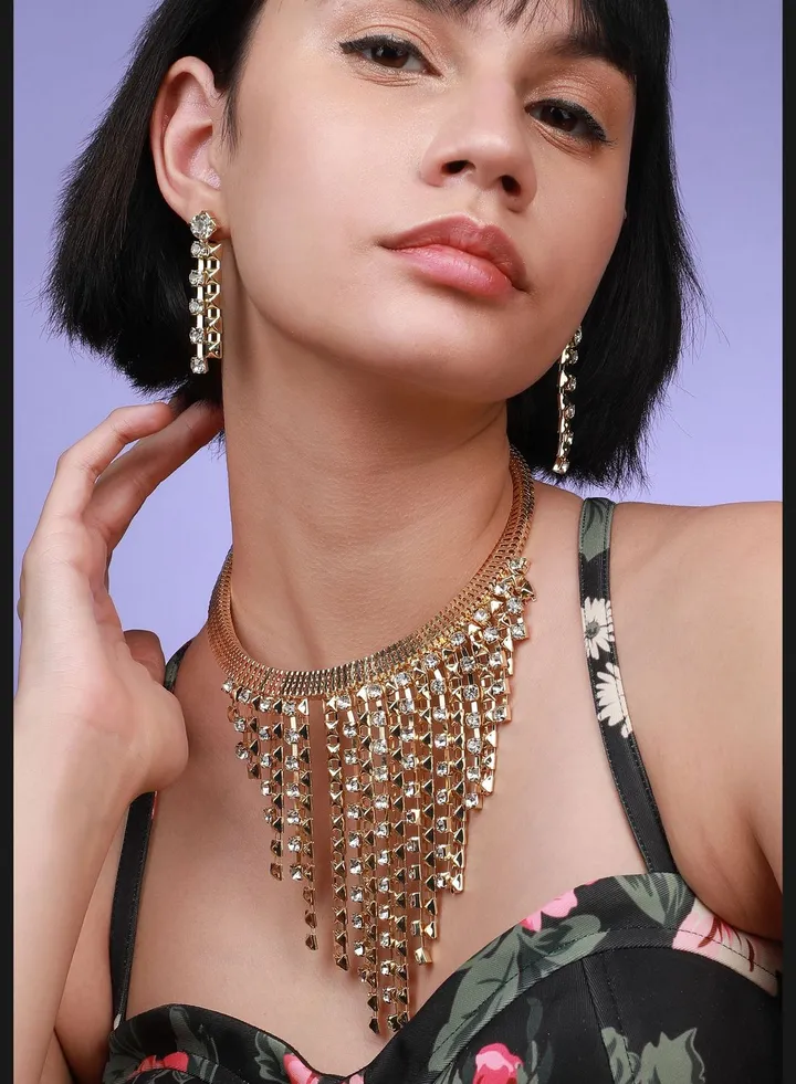 Gold Plated Designer Stone Western Wear Necklace and Earring Set For Women