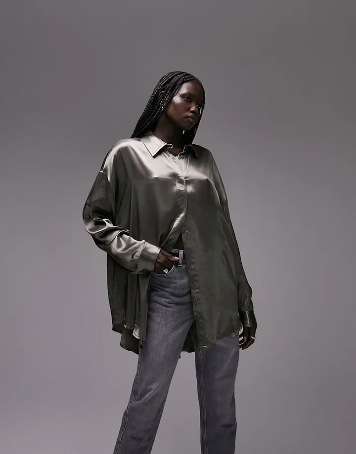 Topshop premium oversized satin shirt in khaki