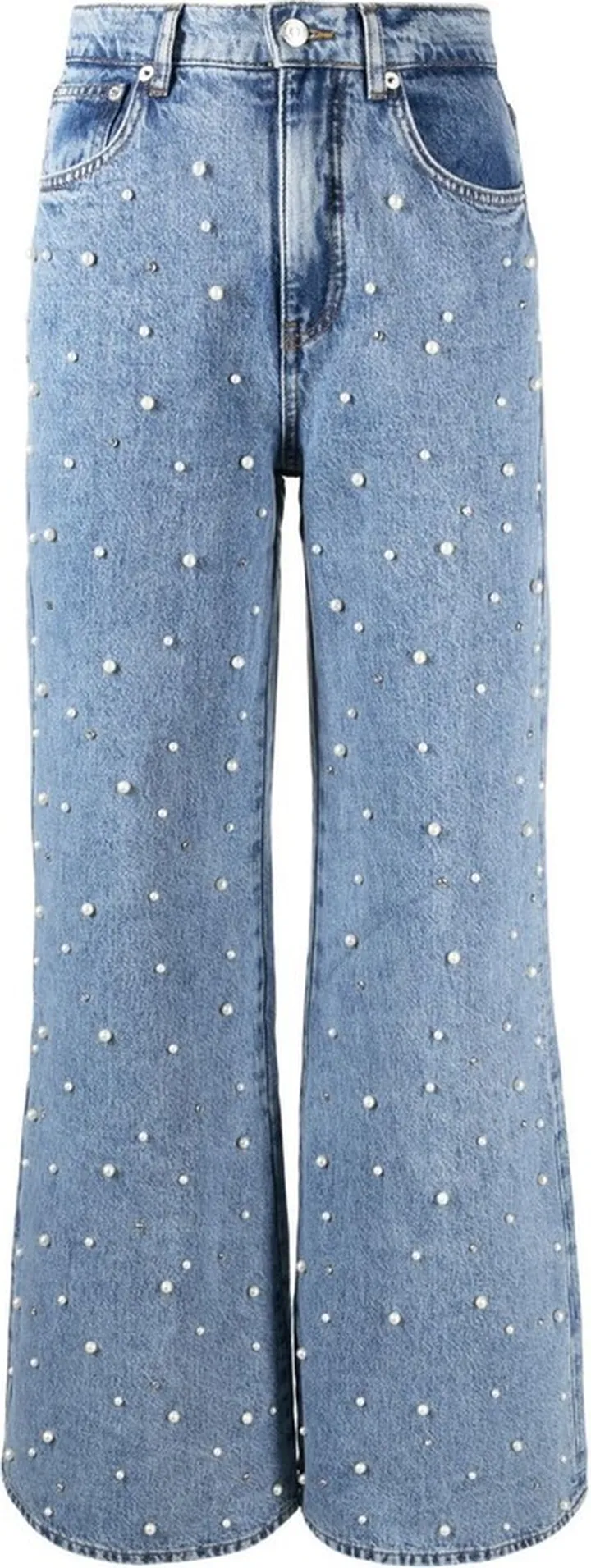 Faux Pearl-Embellished Wide-Leg Jeans