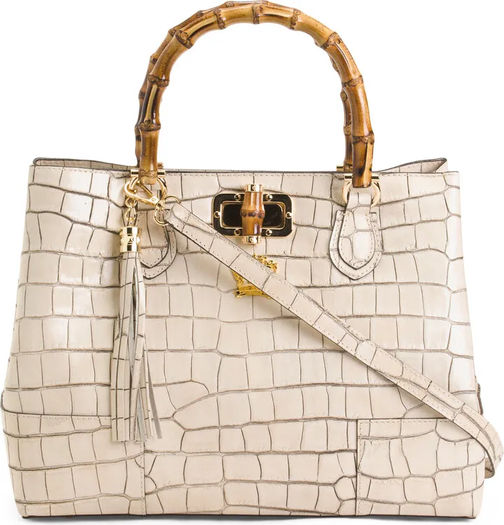 Made In Italy Leather Croc Triple Entry Bamboo Handle Satchel
