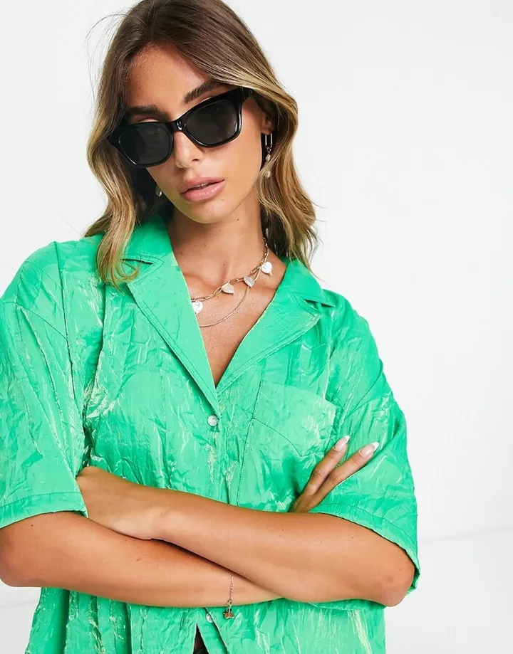 Topshop premium crinkle satin resort shirt in emerald - part of a set
