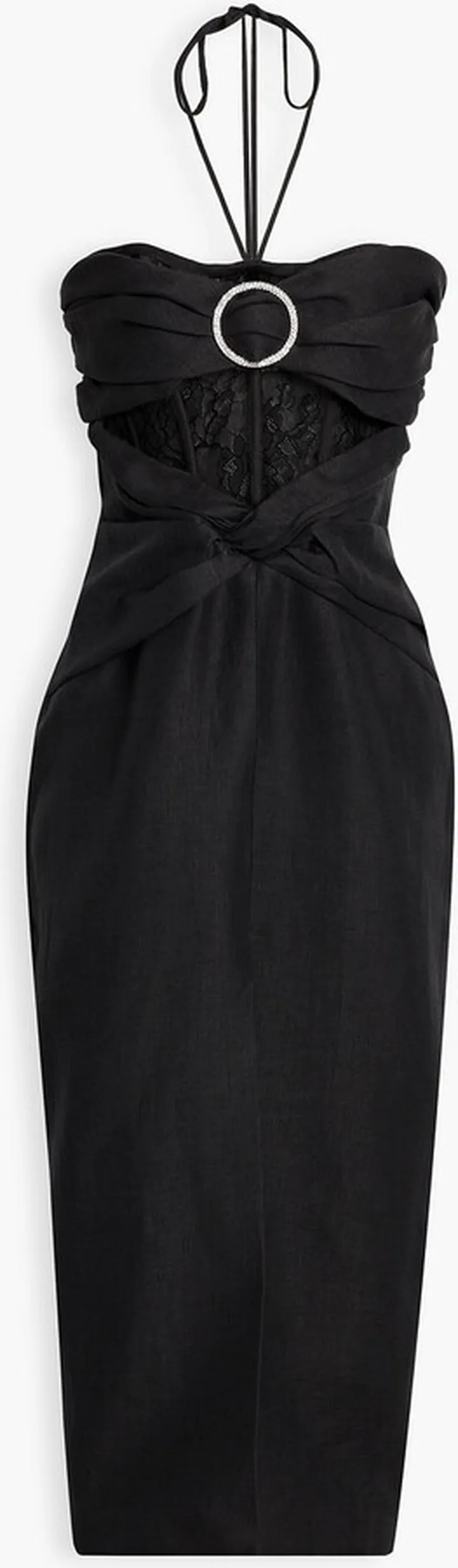 Lace-paneled embellished linen-blend halterneck midi dress