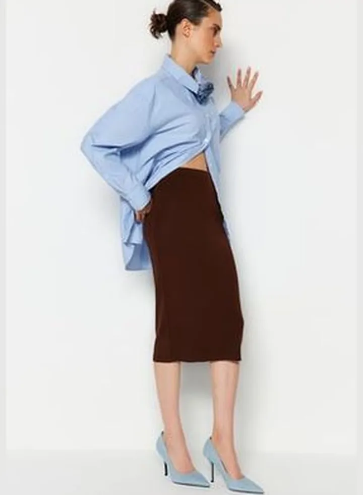 Brown Midi Pencil Knitwear Skirt TWOAW20DU0006