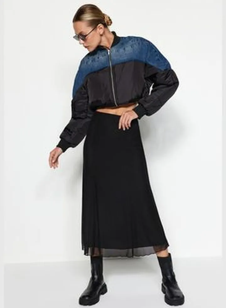 Black Lined Tulle Maxi Knitted Skirt TWOAW24ET00130