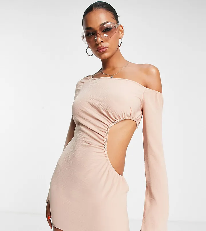 ASYOU ruched cut out bardot mini dress in natural