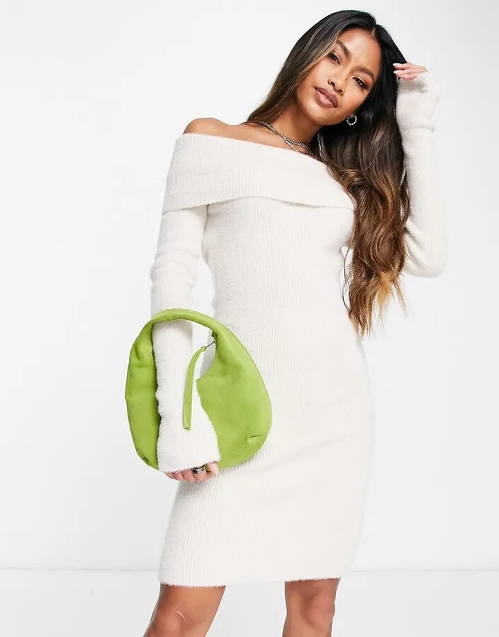 Bershka bardot knit mini dress in white