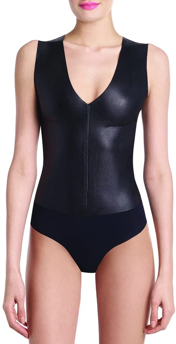 Faux-Leather V-Neck Thong-Back Bodysuit