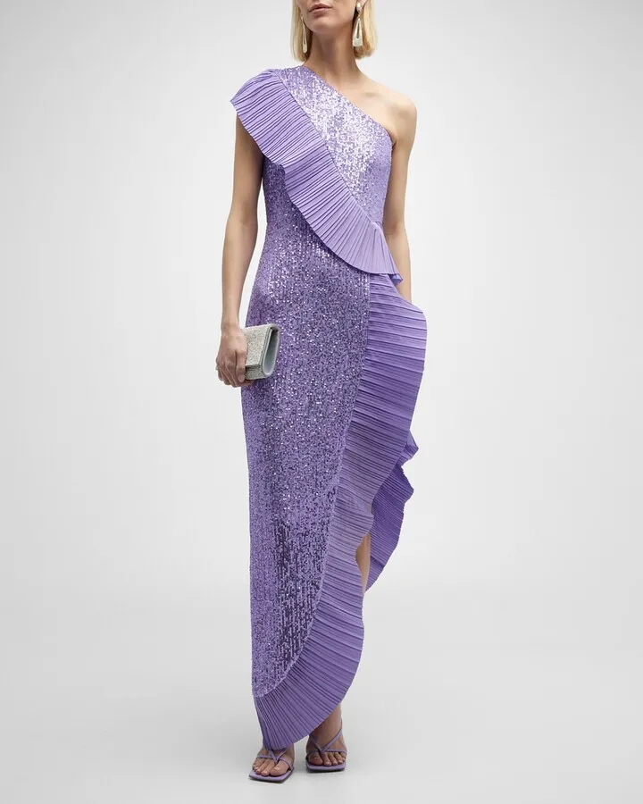 One-Shoulder Pleated Taffeta Sequin Gown