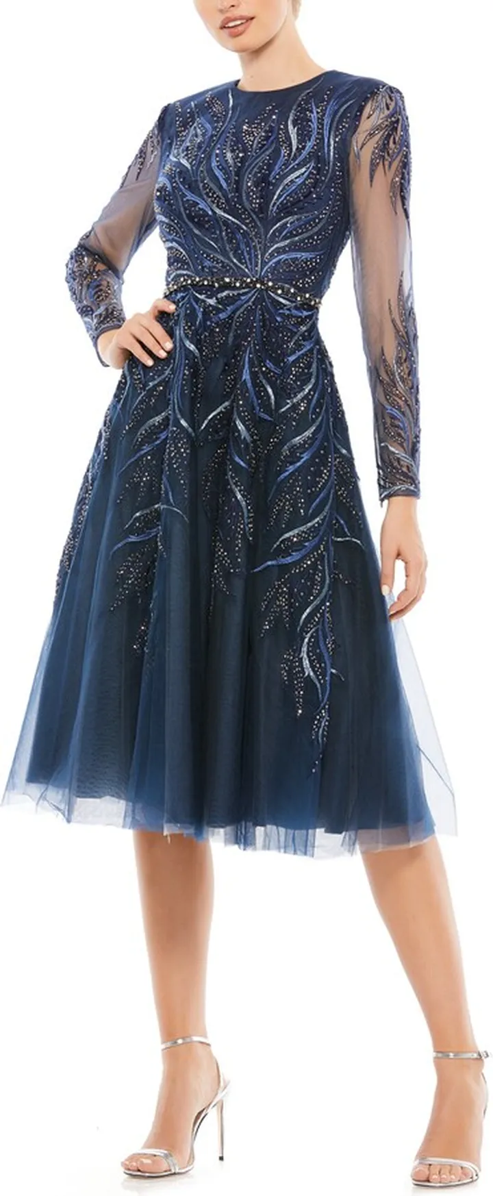 Embellished Long Sleeve Fit & Flare Midi Cocktail Dress