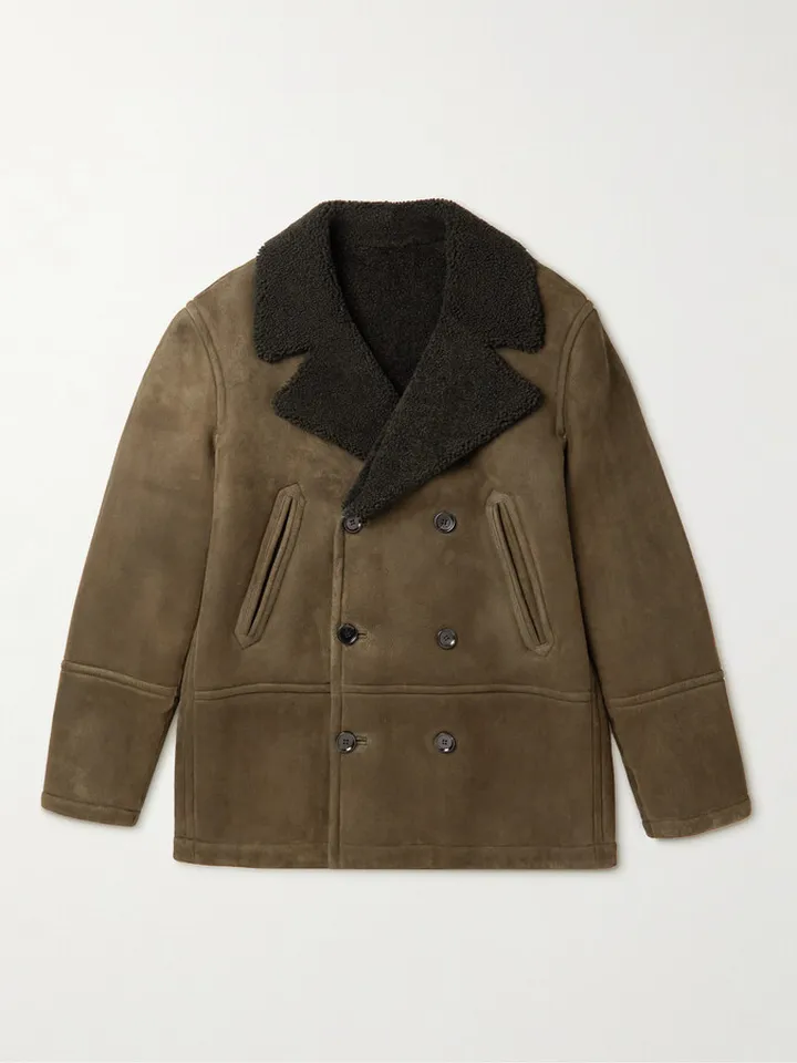 Double-Breasted Shearling-Lined Suede Peacoat