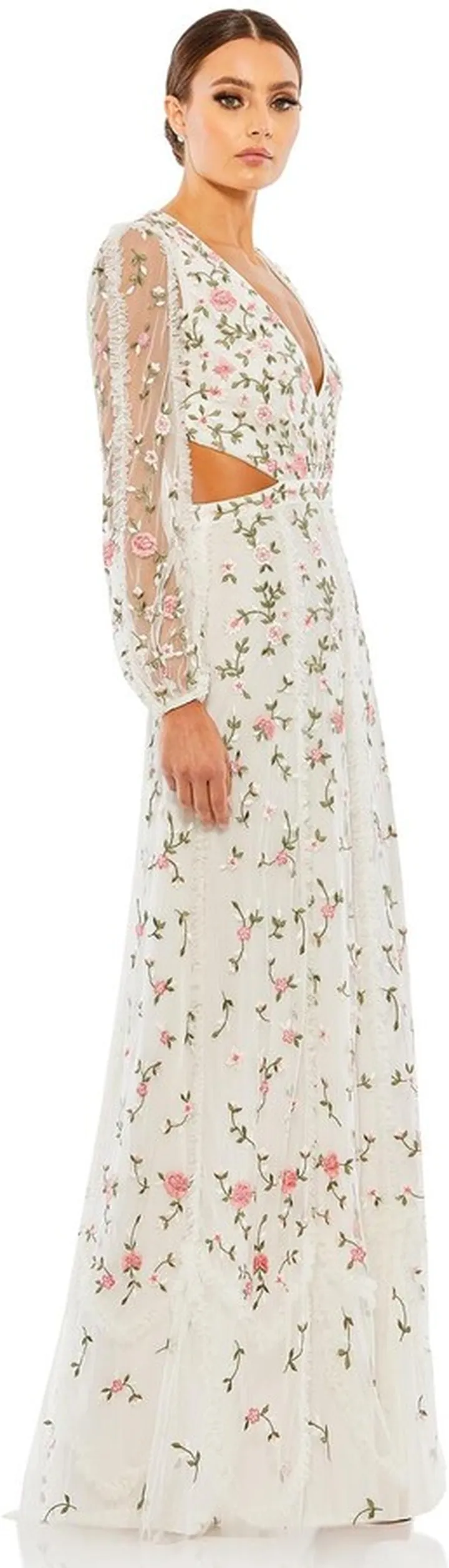 Floral Long Sleeve Cut Out Gown