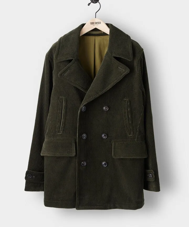 Italian Corduroy Peacoat in Dark Olive