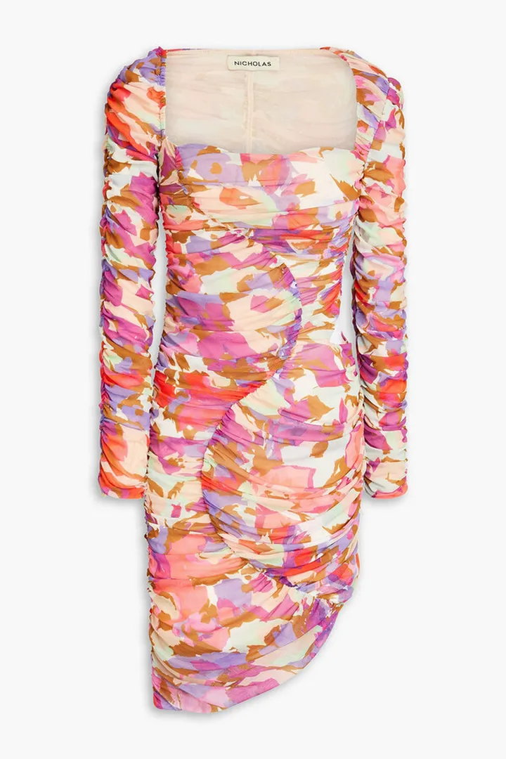 Maleah ruched printed mesh mini dress