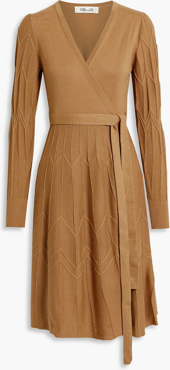 Metallic cable-knit wrap dress