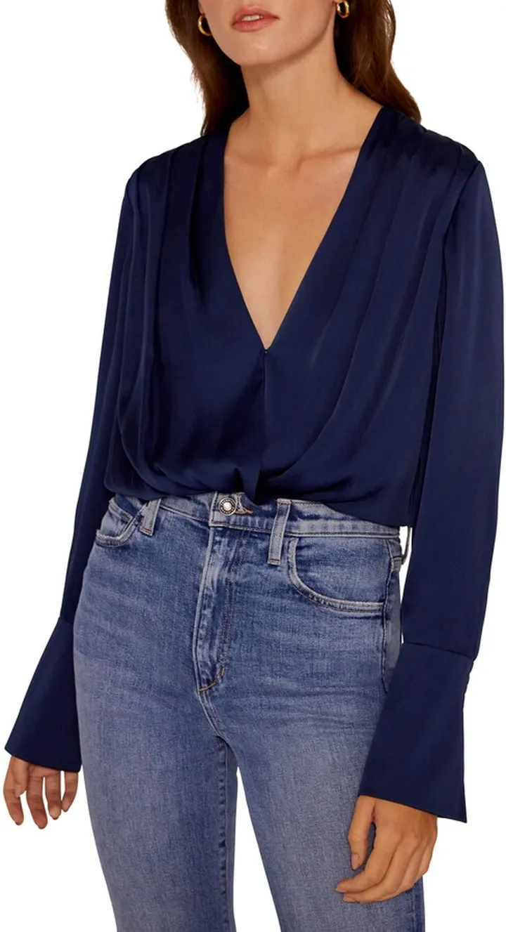 Surplice Long Sleeve Satin Bodysuit