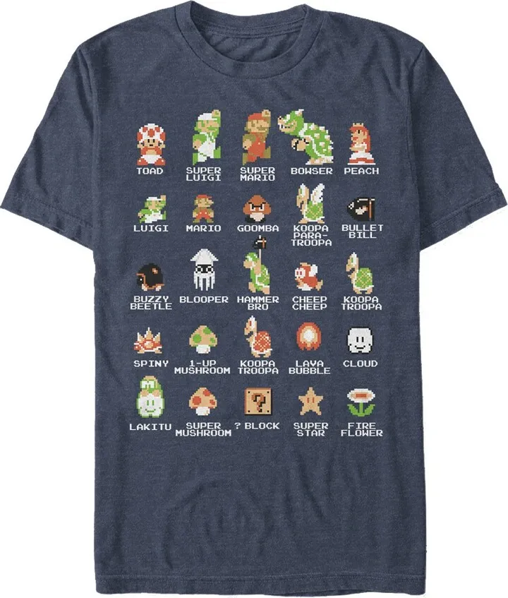 Men's Nintendo Super Mario Bros Character Guide T-Shirt - Navy Blue Heather - Small