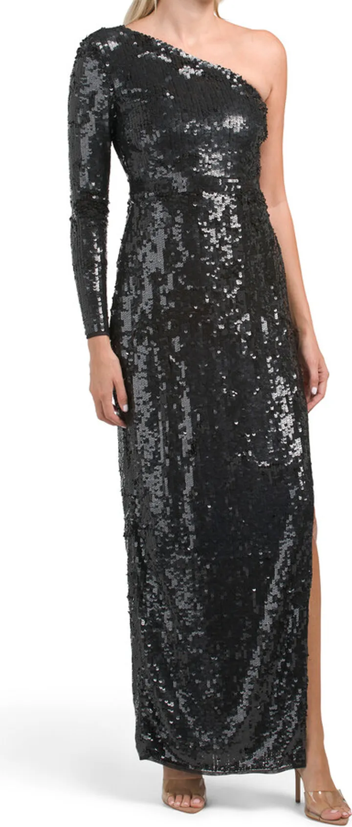 Long Sleeve One Shoulder Sequin Gown With Slit