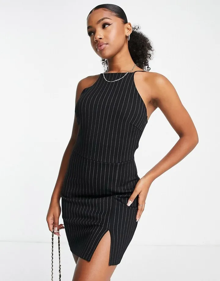Stradivarius halterneck mini dress in black pinstripe