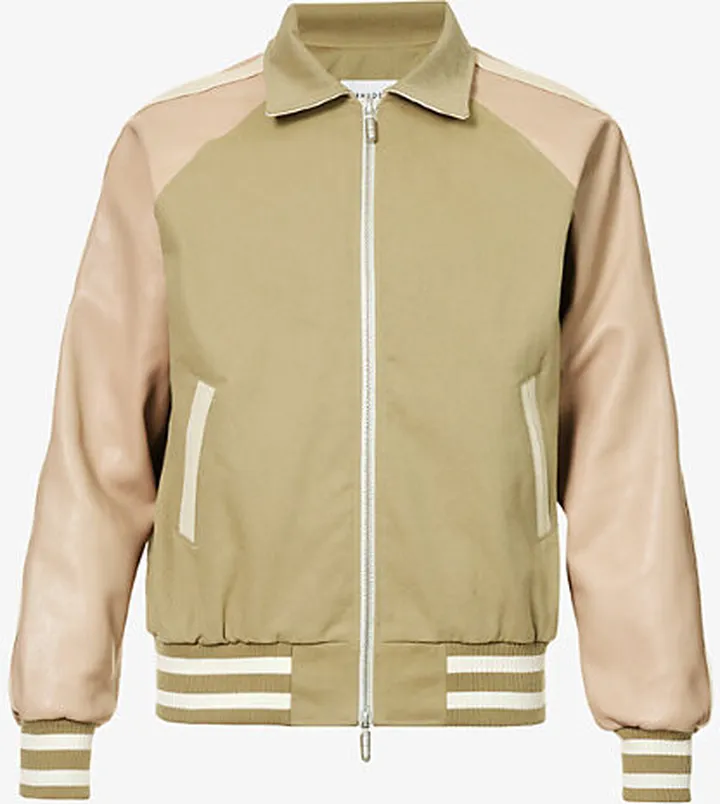 Mens Beige Brand-appliqué Relaxed-fit Cotton-twill Bomber Jacket
