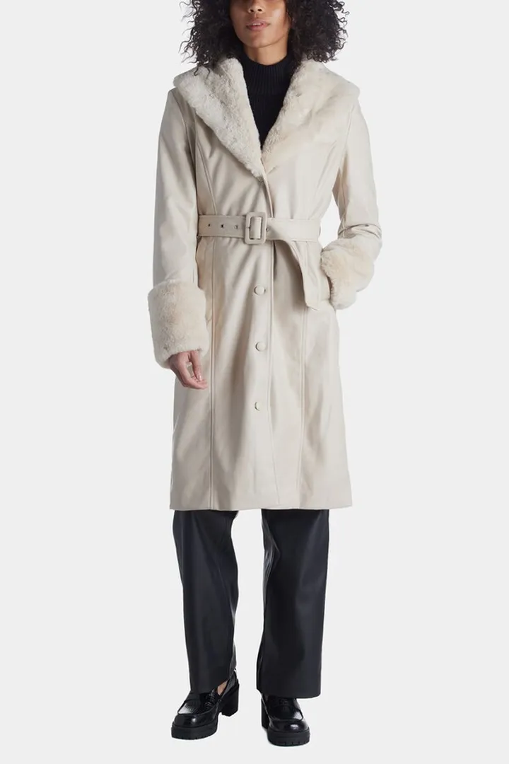 Faux Fur-Trimmed Faux Leather Coat